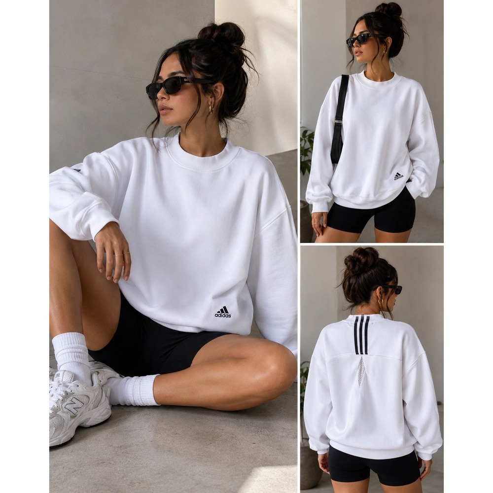 Adidas White Crewneck Sweatshirt Black Three Stripe Mesh Back Logo Medium